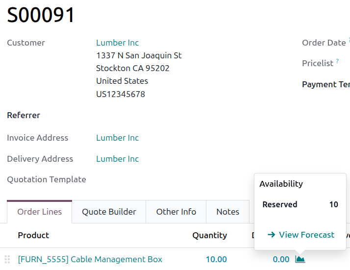 Confirmed sales order with product availability tooltip selected.