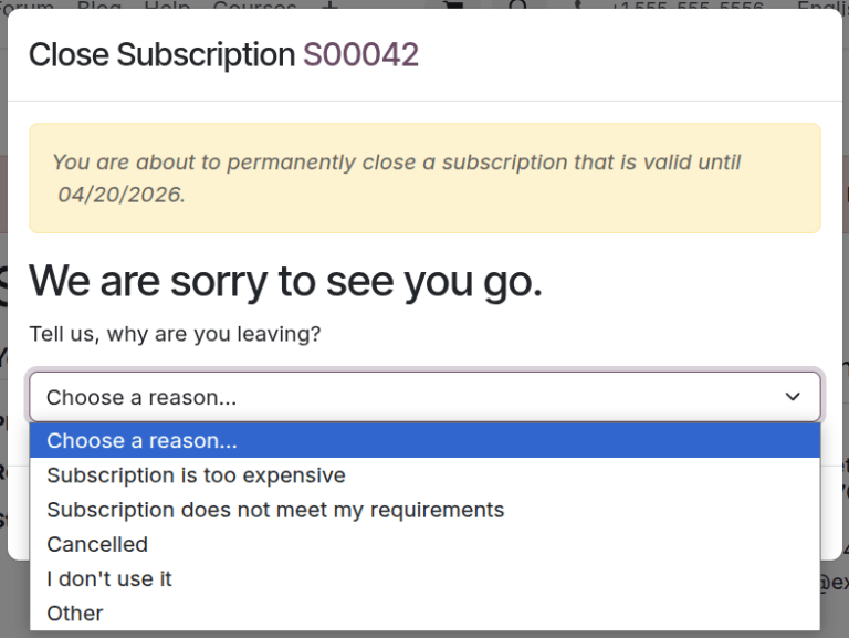 The close subscription pop-up window customers see when closing a subscription.
