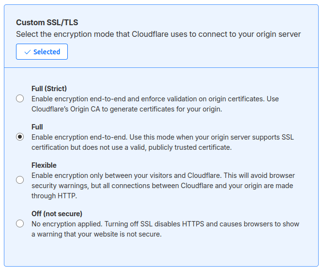 Setting the encryption mode to full on Cloudflare