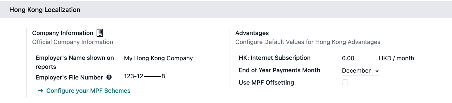 The Hong Kong Localization section in Payroll Settings.