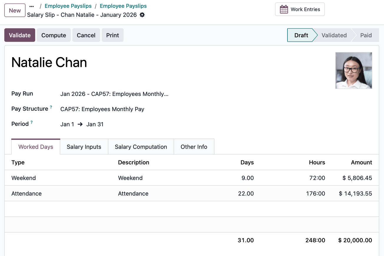 A completed individual payslip ready for validation.