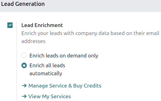 The CRM lead generation settings page with lead enrichment activation highlighted and enrich leads on demand only chosen.