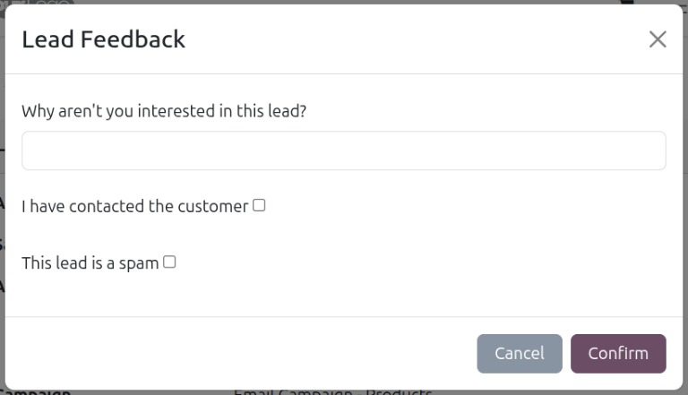 The Lead Feedback form brought up by clicking the "I'm not interested" button.