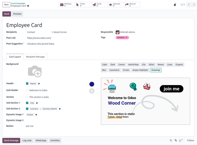 New marketing card campaign form in Odoo Marketing Card.