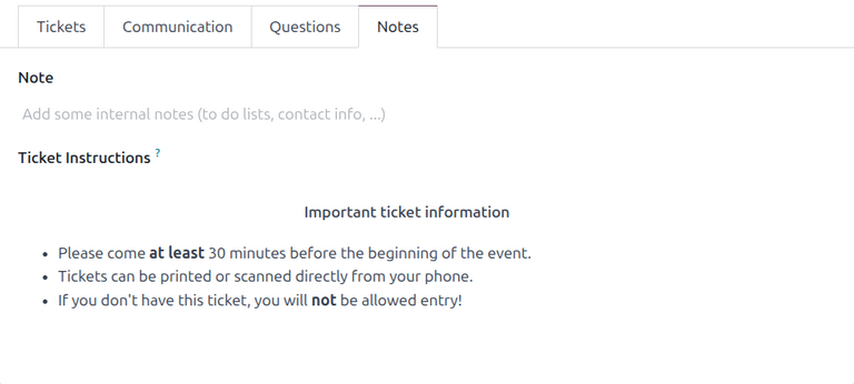 Typical notes tab on an event form in the Odoo Events application.