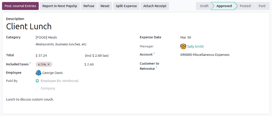 The Report in Next Payslip button, visible on an expense.