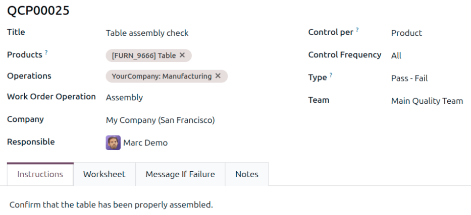 A QCP configured to create Pass - Fail checks for a work order operation.