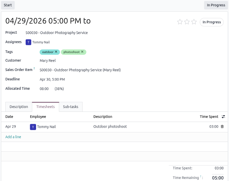 Sample of a task Timesheet tab for a rental order in the Rental app.