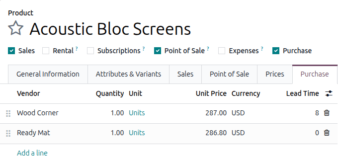 Add lead times in the Purchase tab of a product form.