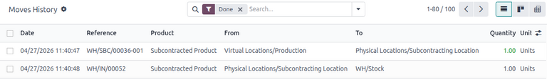 Moves History page to see subcontracting moves in Odoo.