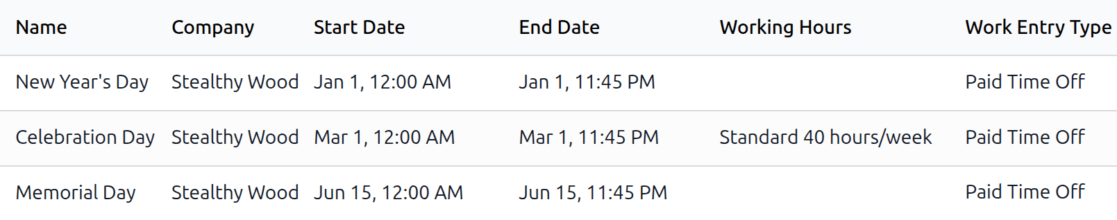 The list of public holidays in the configuration menu.