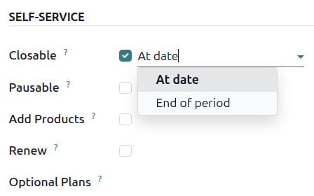 The Closable option enabled and displaying the drop-down menu in Odoo Subscriptions.