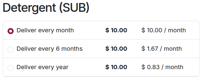 Subscription product on eCommerce website showing different recurring periods.