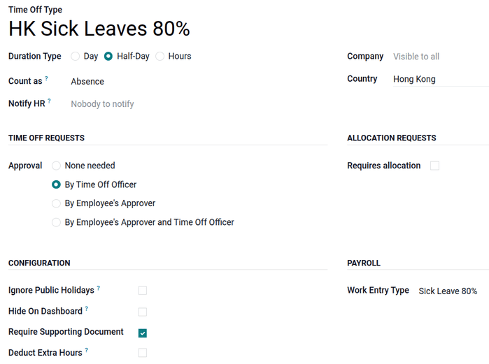 Configuration screen for an 80 percent Sick Leave Work Entry Type.