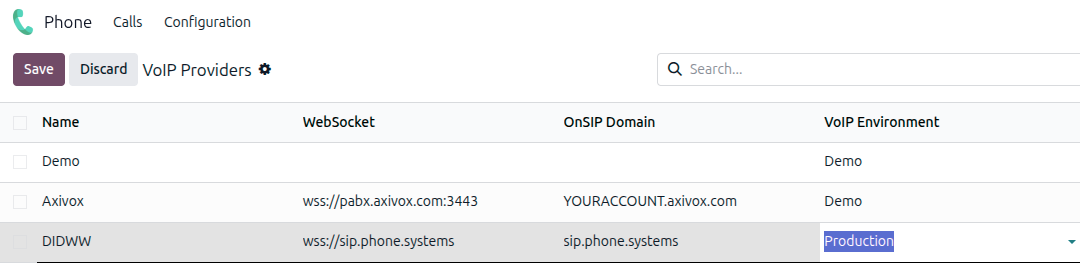 *Odoo 电话*应用中的 DIDWW 配置设置。