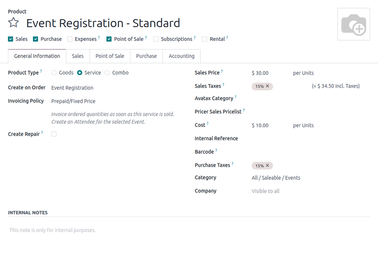 Odoo 中活动注册产品表单的视图。