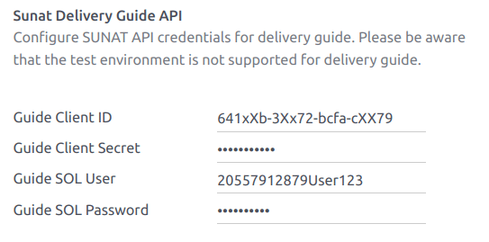 SUNAT 交付指南 API 部分配置示例。