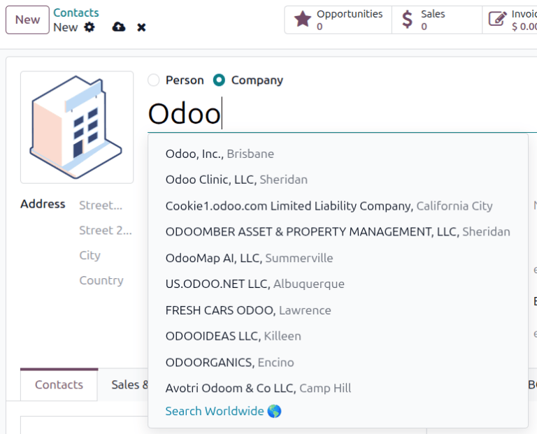 在 Odoo 中创建新联系人时，合作伙伴自动完成功能会建议可能的企业。