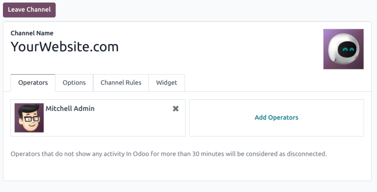 Odoo 在线客服的实时聊天频道列表视图。