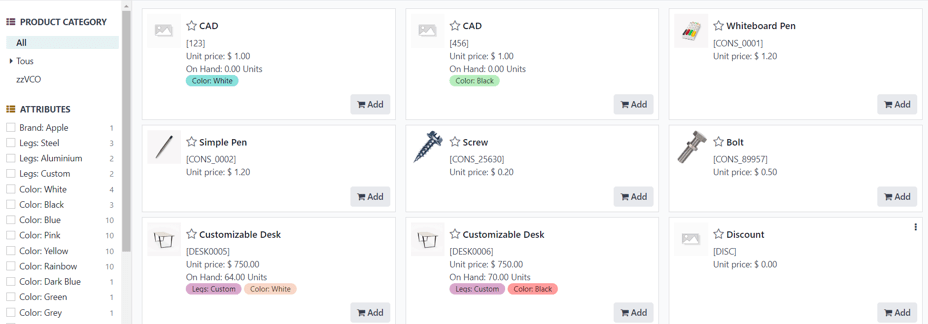 在 Odoo 销售应用中，可从报价单页面访问的产品目录。