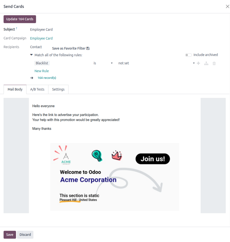 在 Odoo 营销海报中发送邮件活动时的"发送海报"窗口。
