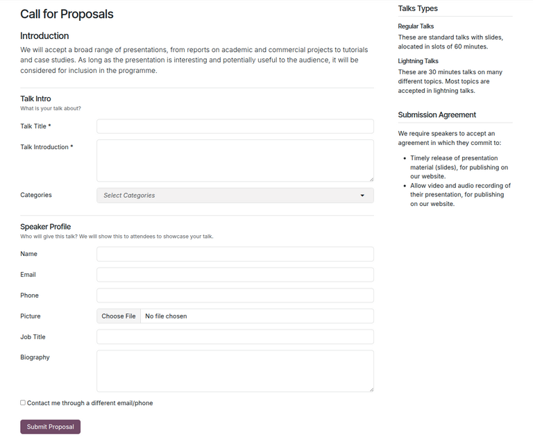 使用 Odoo 活动应用程序建立的活动网站上的会谈提案页面。