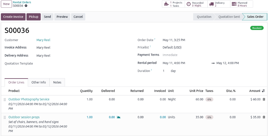 Sample of a filled out rental order available in the Odoo Rental application.