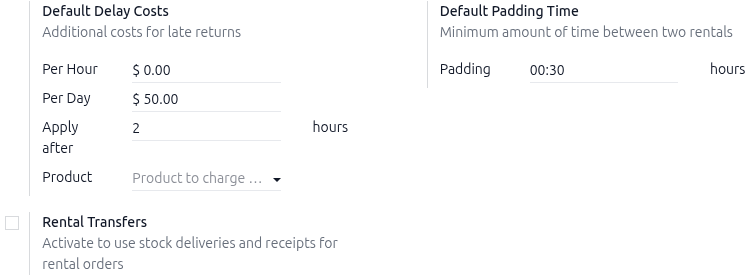 Example of configured Default Delay Cost and Padding settings in the Rental app.