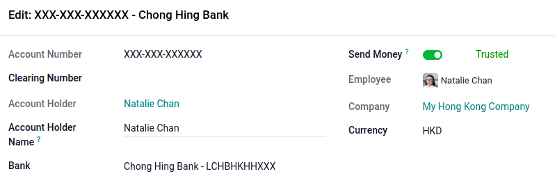 Employee bank account configuration set to Trusted.
