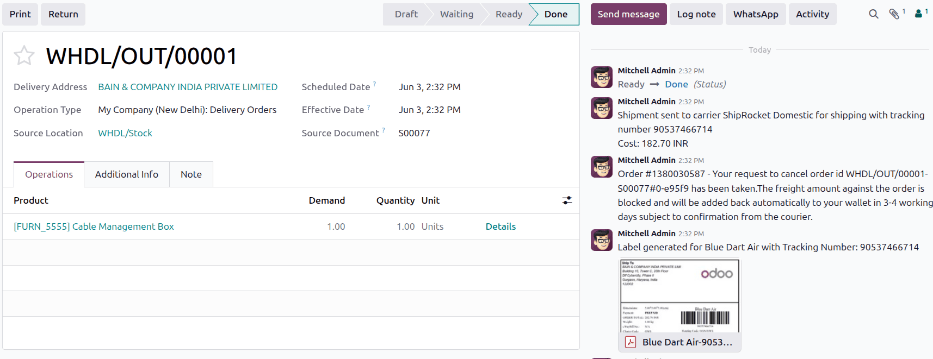 After the delivery is validated, a label is generated.