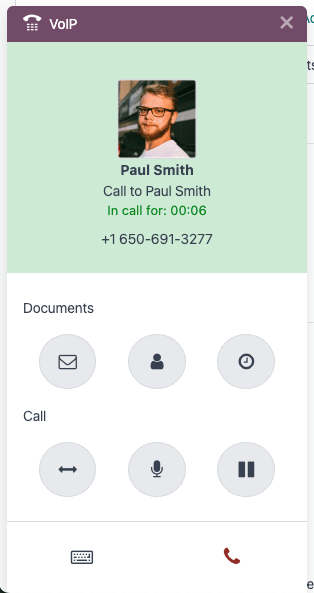 The *Phone* widget opened to a call, showing the shortcut icons a salesperson has access to.