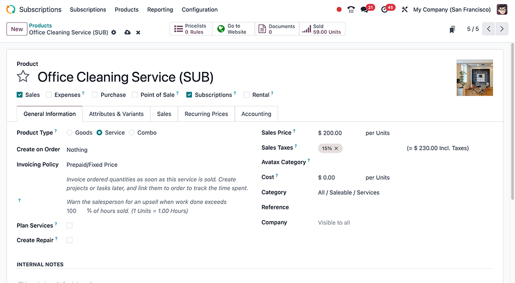 A basic subscription product form in Odoo Subscriptions application.