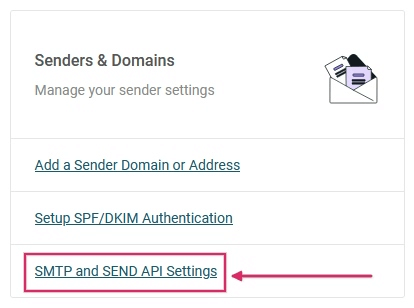 Mailjet 的 “发件人和域” 部分中的 SMTP 和发送 API 设置链接。